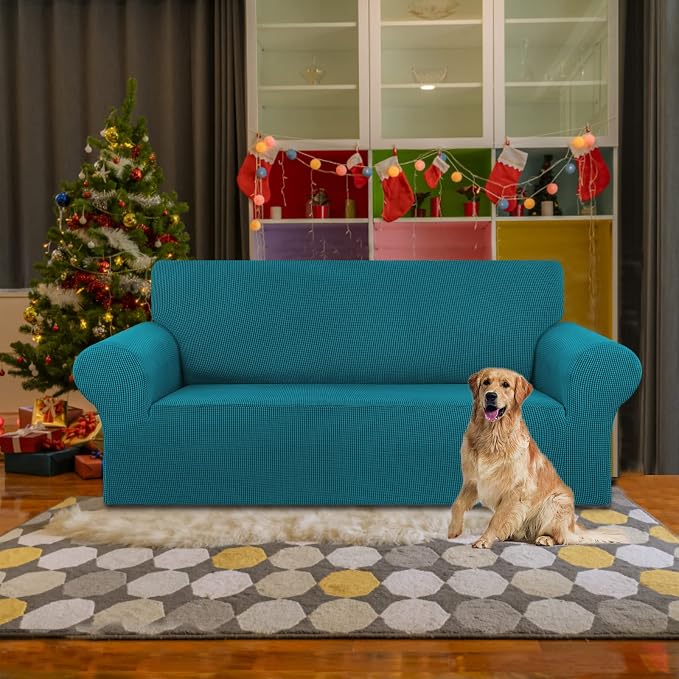 KEKUOU Stretch Loveseat Couch Cover, 2 Cushion Couch Slipcover,Peacock Blue | 1-Piece Washable Sofa Cover Pet Friendly (55"-78") Furniture Protector Soft Jacquard, Elastic Bottom for Dogs & Kids - Image 2