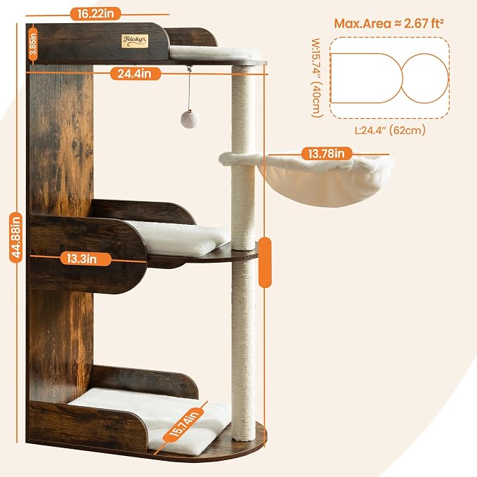 44.8in Modern Wood Cat Tree Tower for Indoor Large Cats with Perch | Multi-level Big Platforms, Sisal Scratching Posts, Cozy Hammock, Washable Pads, Ideal for Windows and Corners, Rustic Brown - Image 9