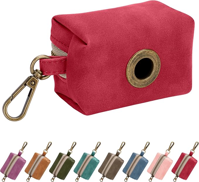 Didog Dog Poop Bag Holder for Leash, Stylish PU Leather, Red | Easy Clean for Daily Walking, Quick to Install on Leash & Harness, Easy-Pull with Metal Clip, Includes 1 Roll Pet Waste Bag by Didog
