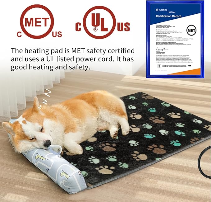 Cat Heating Pad 17x13 in with Smart Thermostat Switch and Power Line Protection Tube,Obtained MET and UL Dual Certification,Waterproof Pet Heating Pad for Cats-Black - Image 6