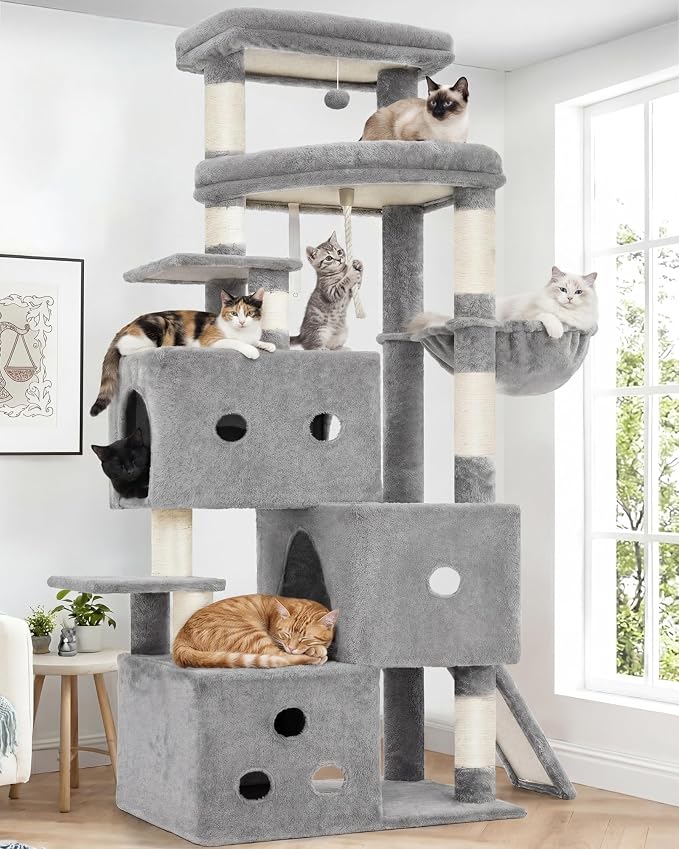 Heybly Cat Tree, 74-Inch Streamlined Cat Tower for Large Cats HCT061W | Cat Furniture with 3-Tier Stacked Condos, Large Perch, Sturdy Base, Full Sisal Scratching Posts & Ramp, Light Gray by HEYBLY