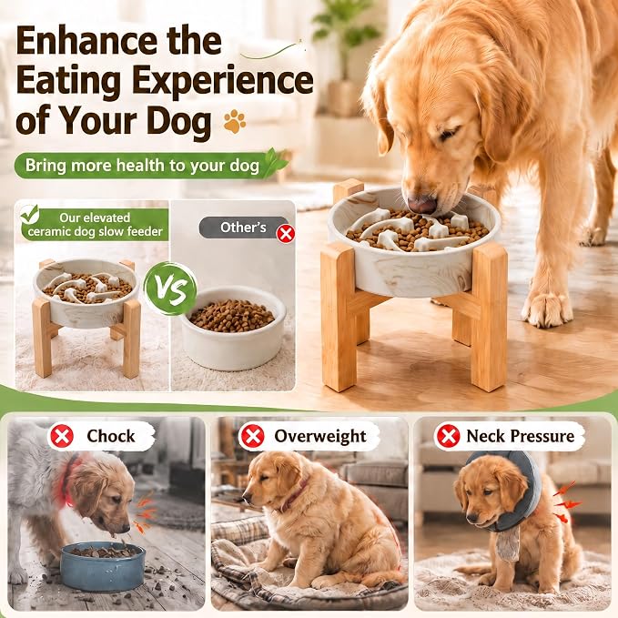 Elevated Ceramic Slow Feeder Dog Bowls Anti-Choking Slow Feeding for Medium& Large Anti-Slip Non-Lead & Toxic Durable Easy to Clean Maze Slow Feeder Bowl（8.66in Marble Brown Stars Pattern） - Image 4