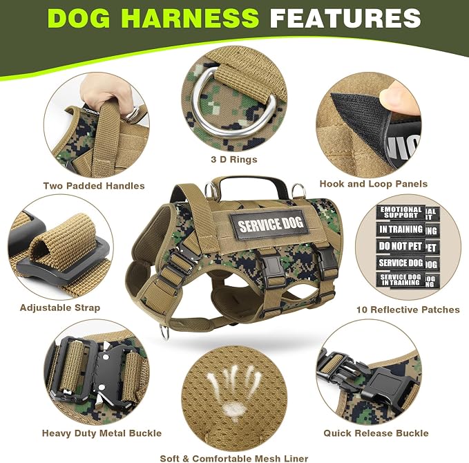 Service Dog Vest Harness for Large Dog, Tactical Working MOLLE Vest with 10 Pet Patches, No Pull Heavy Duty Harness for Training Walking - Image 3