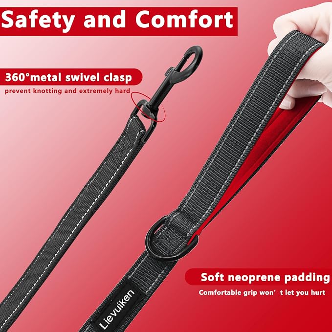 Dog Leash 6.5ft Long,Double Handle Dog Leash for Control Training | Heavy Duty Dog Leads with Traffic Padded Handles, Reflective Leashes for Small Medium Large Dogs(6.5ft, Black Red) - Image 3