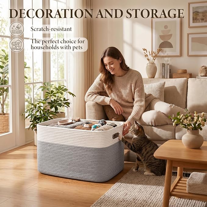 75L Large Cotton Rope Basket, Soft Toy Storage Bin for Nursery & Living Room, Decorative Blanket Basket for Bedroom, Baby-Safe Organizer for Pillows &Laundry, 22''×17''×12'', Grey and White - Image 7