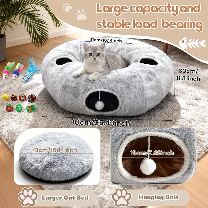 4-Holes Cat Tunnels for Indoor Cats, Plush Donut Cat Bed Tunnel Grey | Large Cat Bed Cave, 11 Cat Toys Gift, Very Soft and Lightweight, Cat Cave Hideout, fits Multiple Cats, Kitten, Puppy, Rabbit - Image 2