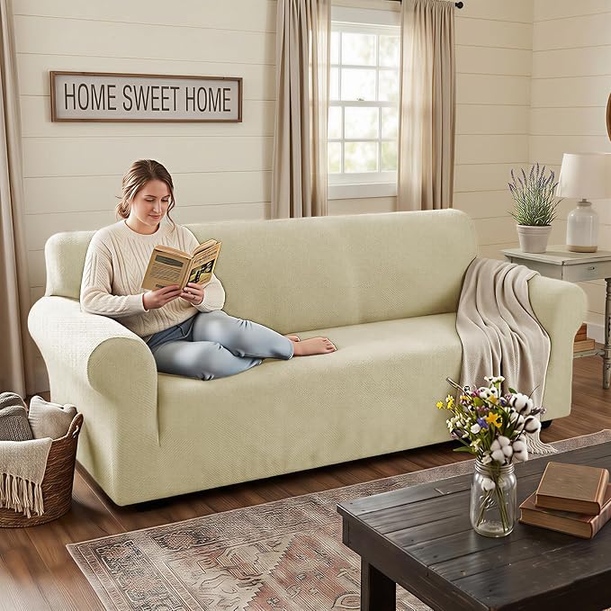 XINEAGE Stretch Jacquard XL Sofa Cover, Non Slip Sofa Slipcover for Dog | High-Stretch Fabric. Wear-Resistant, Pet Friendly. Easy Install & Washable for Living Rooms, Offices.Light Beige - Image 3