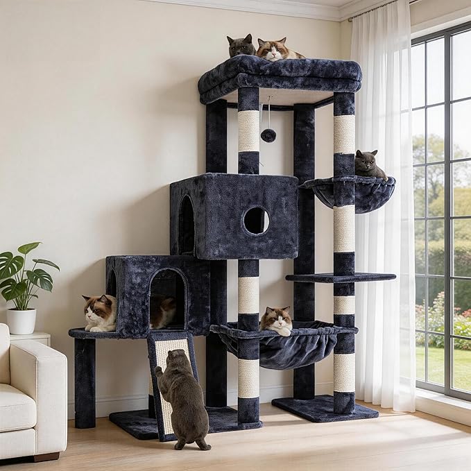 Hey-brother Cat Tree Tower with Plush Steped Condos, Big Platform, MPJ071G | 50 Inches Tiered Climbing Cat House with Sisal Scratching Posts, Spacious Hammock, Cozy Basket for Indoor Cats, Smoky Gray by Hey-brother