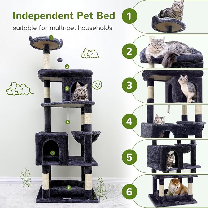 Globlazer Heavy Duty Cat Trees for Large Cats, Sturdy 72in Maine Coon Cat Tree for Large Cats 20 lbs+ Heavy Duty Cat Tower for Adult Biggest Cat with 6 Scratching Posts, Hammock, S72, Dark Gray - Image 2