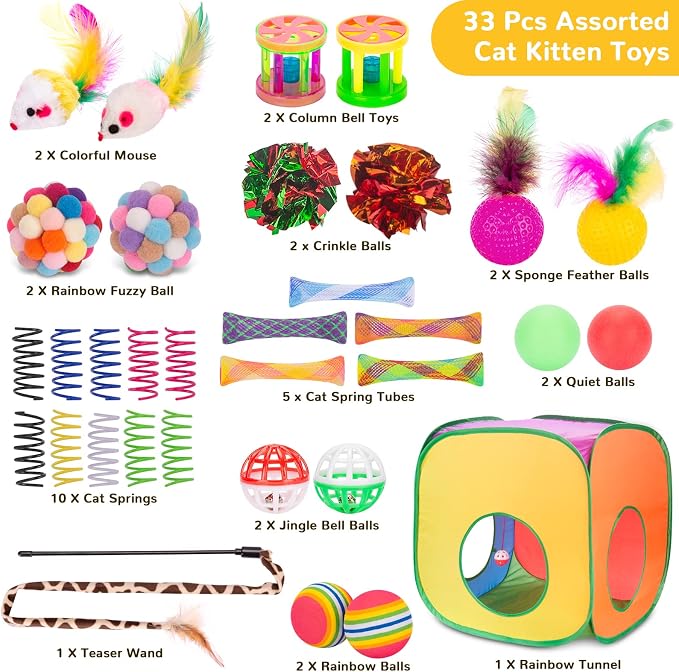 Retro Shaw Cat Toys for Indoor Cats Kitten, Cat Game Tunnel, 33 Pack | Interactive Kitten Toys Pack, Feather Wand Kit Balls Bell Springs Mice, Hide-and-Seek Self-Play for Bored Cats Chase - Image 4