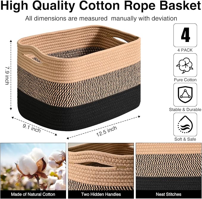 ICERZCZ Storage Baskets for Shelves Organizing, Woven Cotton Rope Baskets for Storage, Book Basket, Towel Basket, 12.5"Lx9.1''Wx7.9''H (4 Packs) Gradient Black & Jute - Image 3