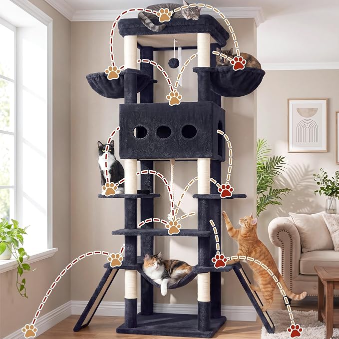 Cat Tree, 78.7'' Tall Tower with Extra Wide Top Platform GCT804G | Multi-level Cat Furniture for Indoor Cats, Cat House with Dual Scratching Boards, Big Condo, 2 Baskets & Hammock, Light Gray - Image 6