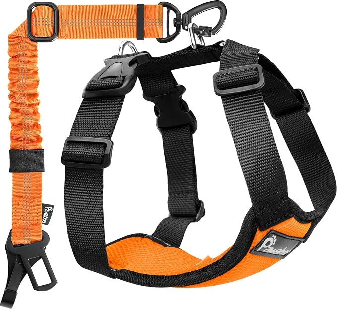 Pawaboo Dog Seat Belt Harness for Car, Seatbelt Harness with 2 in 1 Buckle | Adjustable Breathable Harness for Car, Elastic Reflective Heavy Duty Dog Tether, for Small Medium Large Pets, XL, Orange by Pawaboo