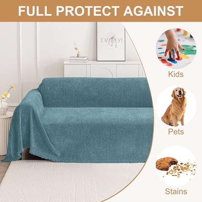 Smiry Couch Cover for Dogs, Chenille Sofa Covers for 3 Cushion Couch | Washable Soft Sofa Slipcover for Pets, Thick Sectional Furniture Protector with Tassels (Blue, 88.5x118 Inch) - Image 3