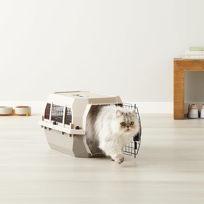 Amazon Basics Hard-Sided Dog and Cat Kennel, Single-Door Travel Pet Carrier with Metal Wire Ventilation, 23.6"L x 15.7"W x 13"H, Beige - Image 7