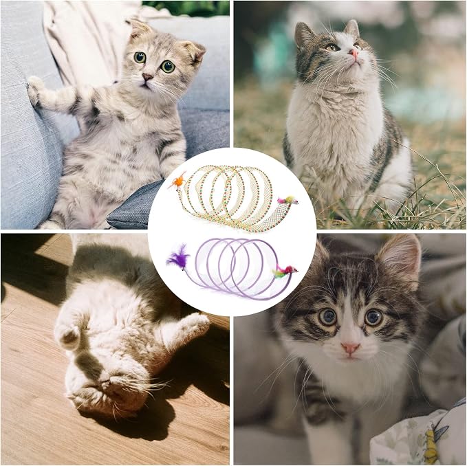 2pcs, Folded Cat Tunnel Spring, 10in Large Size Portable Cat Toy Spiral Tunnel, with Synthetic Feather and Toy Mouse Tunnel Spring Outdoor Puppy Kitten Generic (Striped Yellow, Purple) | with Synthetic Feather and Toy Mouse Tunnel Spring Outdoor Puppy ... - Image 7