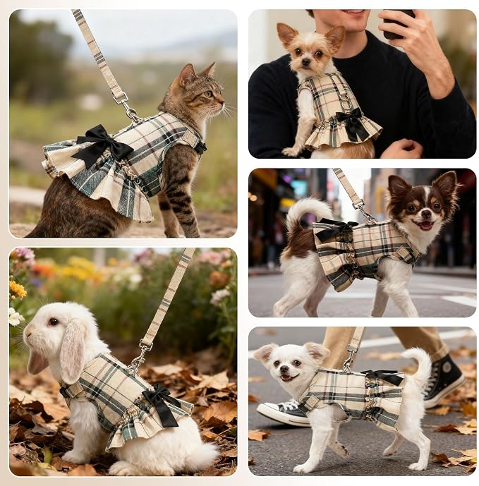 EXPAWLORER Dog Harness Small Medium Sized Dogs, No Choke No Pull Mesh Vest | Plaid Dog Dress Bowknot Harness and Leash Set Soft Cute Princess Puppy Outfits Clothes Costume for Girls Party Cats Beige S - Image 8