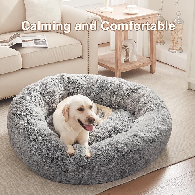 45 in Faux Fur Fluffy Donut Dog Bed for Extra Large Dogs,Dark Grey | Calming Plush Round Jumbo Pet Bed with Removable & Washable Cover,Fits up to 120 lbs Pets - Image 2