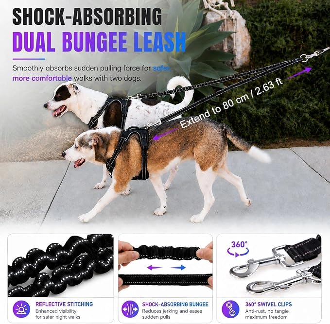 Double Retractable Dog Leash for Two Dogs Up to 115 lbs - 18.6 ft Coupler Leashes for Small Medium Dogs - One Locked System, Non Slip Grip, Tangle Free (Grey) - Image 5