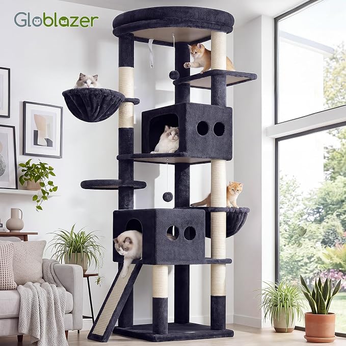 Globlazer S74G 74in Tall Cat Tree for Indoor Cats Large Adult, Dark Grey | Sturdy Heavy Duty Cat Tree Tower for Multiple Cats with 7 Scratching Posts, 2 Spacious Condos, 2 Hanging Baskets - Image 7