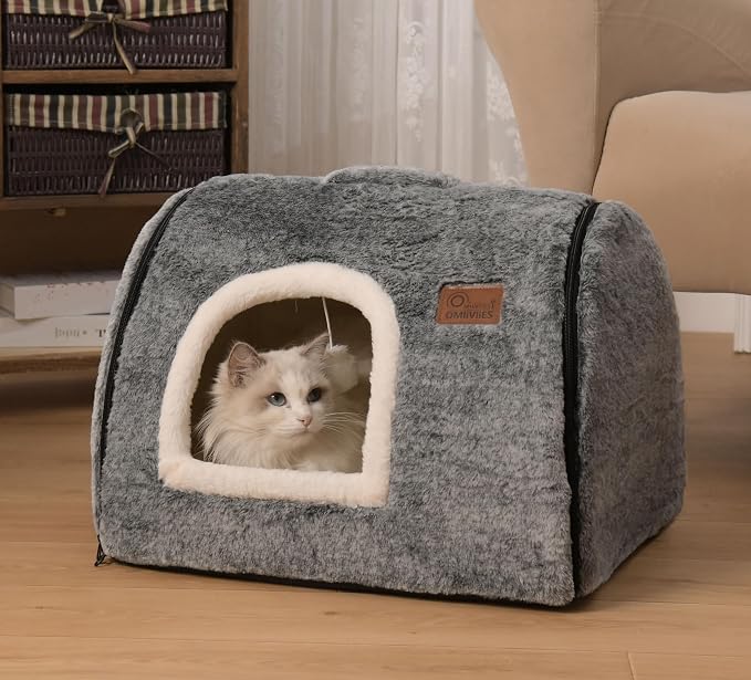 cat Bed cave-cat beds for Indoor Cats,Soft and Comfortable Cute cat House,with Removable Washable Cushioned Pillow,Enclosed pet Bed,Kitty cat hut、Hideaway,Small Large Dog Tent (Dark Grey) - Image 2