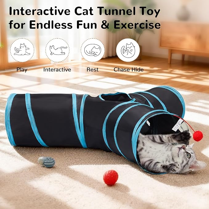Tempcore Cat Tunnel for Indoor Cats, 3 Way Collapsible Pet Play Tunnel with Teaser Wand, Peek Holes & Hanging Ball, Interactive Tube for Kittens & Rabbits, Black & Blue Large Size - Image 5