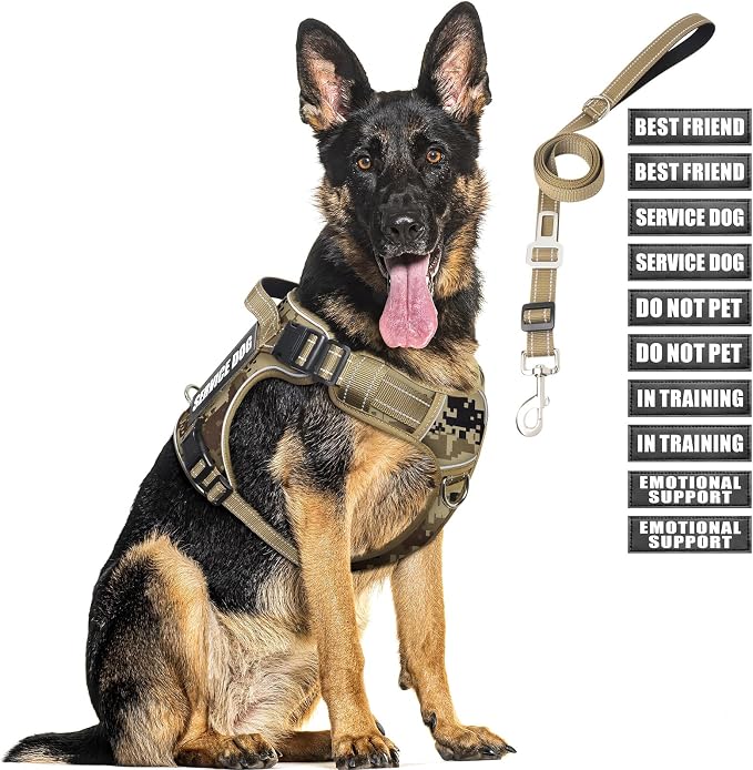 Tactical Dog Harness and Leash Set with 10 Patches for Large Dogs | Heavy Duty Adjustable No Pull Service Dog Vest with Dog Seat Belt,Reflective Easy Walk for Training Walking Hiking Camo XL by MOOGROUPETSFRIEND
