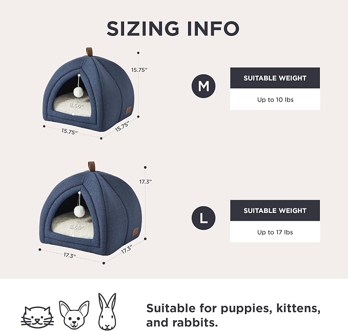 Bedsure 2in1 Cat Beds for Indoor Cats Cave for Kitten with Washable Pillow | 16in, Cat House for Small Pet, Covered Cat Tent, Foldable Hideaway, Fluffy Ball, Anti Slip Bottom, Removable Cushioned ,Navy - Image 5