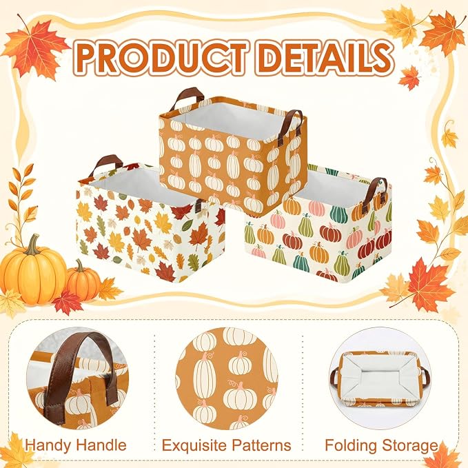 Britimes Fall Pumpkin Storage Baskets for Gift, Toy Storage Bins Box, 3Pcs | Autumn Harvest Canvas Collapsible Baskets Organizer with Handles Fall Nursery Decor Laundry Basket for Shelves Closet - Image 4