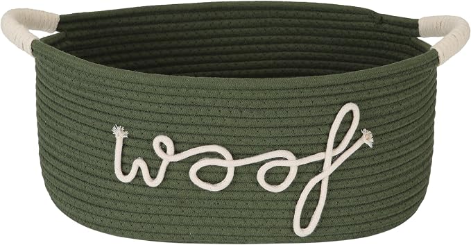 Sea Team Dog Toy Storage Basket with Handles, Green Woof | Large Cotton Rope Storage Bin, Shelf Basket, Organizer for Pet Chew Toys, Foods, 16.5 x 11 x 7 Inches, 4.4 Gallons by SeaTeam