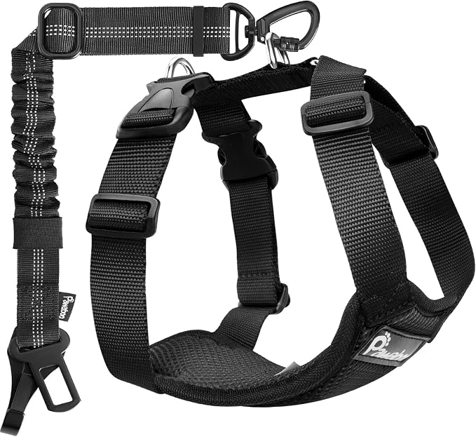 Pawaboo Dog Seat Belt Harness for Car, Seatbelt Harness with 2 in 1 Buckle | Adjustable Breathable Harness for Car, Elastic Reflective Heavy Duty Dog Tether, for Small Medium Large Pets, L, Black by Pawaboo