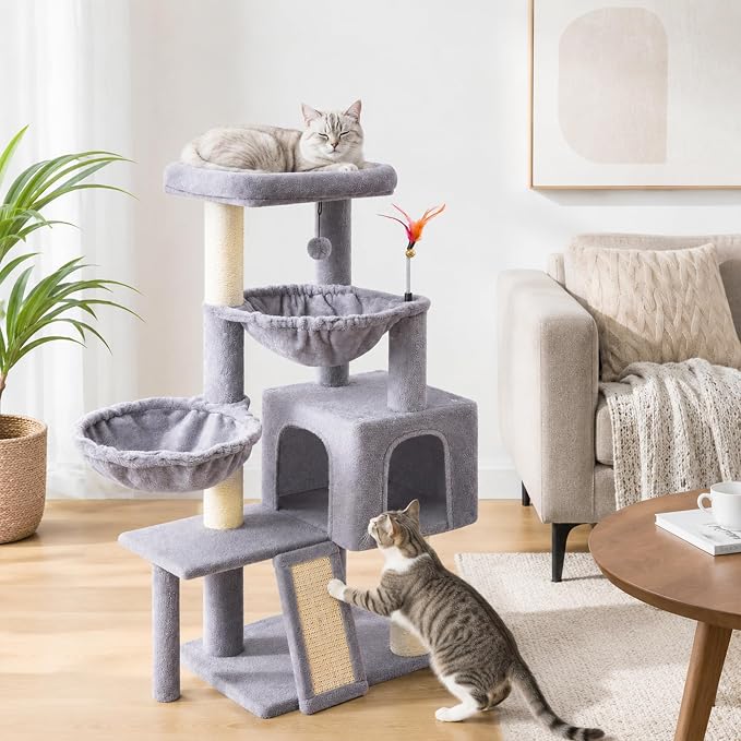 Cat Tree with Cat Condo and Two Hammocks, Cat Tree with Scratching Posts and Scratching Pads, Cat Tower for Indoor Cats, Activity Centre Climbing Tree with Playful Toy Balls, Grey - Image 8
