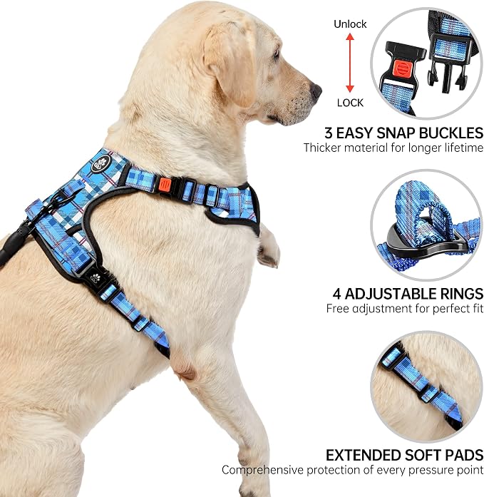 NESTROAD No Pull Dog Harness with Leash, Reflective No Choke Pet Vest Harness,Adjustable Soft Padded Dog Harness with Easy Control Handle for Large Dogs(Checkered Blue,Large) - Image 4
