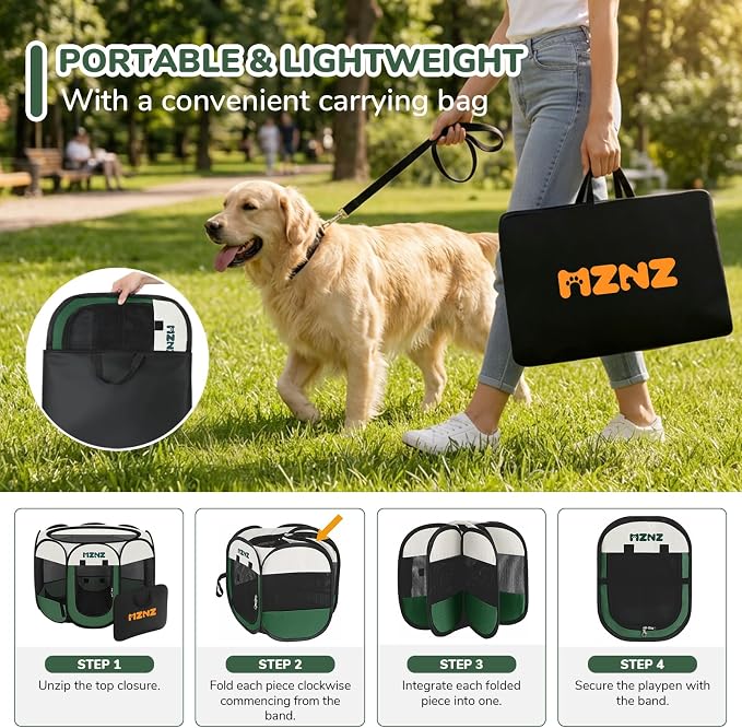 Dog Cat Small Animal Puppy Playpen Crate, Large, Dark Green | Portable Pop Up Pet Cage Enclosure Tent Kennel Indoor Outdoor with Carrying Case, No Assembly, Camping Use - Image 3