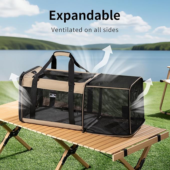 Wakytu Expandable Pet Carrier for Dogs & Cats, Large Travel Bag with 5 Mesh Windows, 2 Entrances, Locking Zippers & Padded Straps,L - Image 5