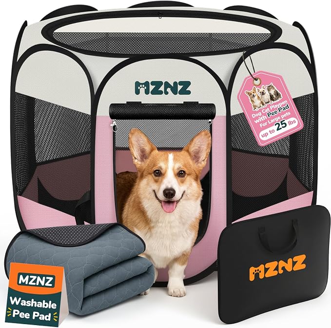 Dog Cat Small Animal Puppy Playpen Crate with Pee Pad, Medium, Pink | Portable Pop Up Pet Cage Enclosure Tent Kennel Indoor Outdoor with Carrying Case, No Assembly, Camping Use by MZNZ