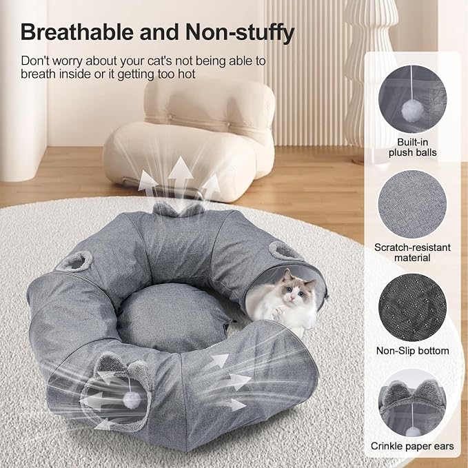 Linen Cat Tunnels with Central Cat Bed, Interactive Cat Toys Detachable Washable Soft Mat Large Indoor Play Tunnel Cave for Kittens and Small Animals - Image 6