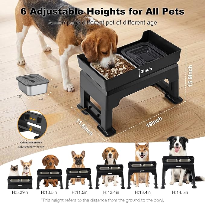 ZOMISIA Elevated Dog Bowls, 6 Height Adjustable Raised Dog Bowl Mess Proof | No Spill Water Bowl, 3-in-1 Dog Bowl Stand, Double Deck, 2 Stainless Steel Bowls, Licking Plate, For Small Medium Large Pets - Image 3