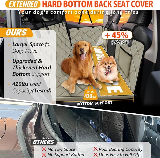 Hard Bottom Dog Car Seat Cover for Back Seat, Backseat Extender | Dog Hammock for for Cars, SUVs, Sedan, Holds 420lbs, Large Space, Sturdy Oxford, Pet Car Bed, Waterproof, Mesh Window, Khaki - Image 2