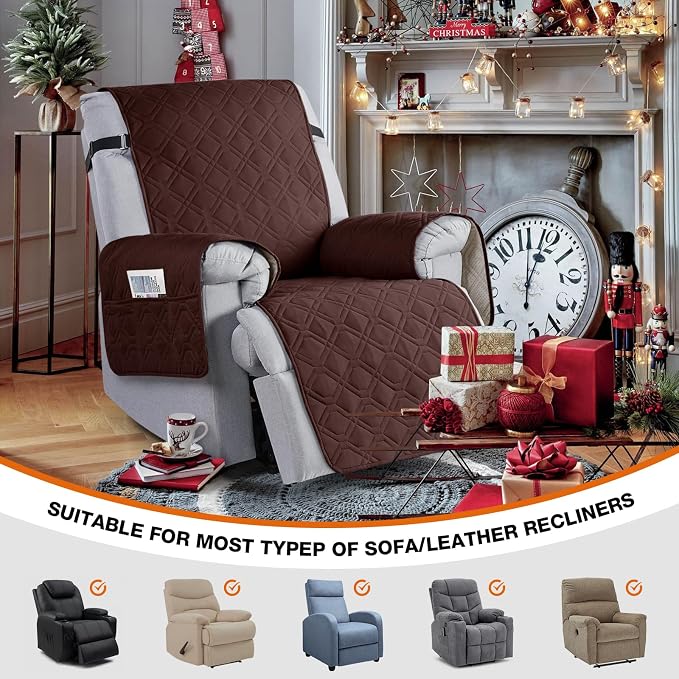 VANSOFY 100% Waterproof Recliner Chair Covers Washable, Coffee, 22" | Non-Slip, Slipcover with Pocket, Furniture Protector, Elastic Straps, Chair Cover for Pets, Dogs - Image 3
