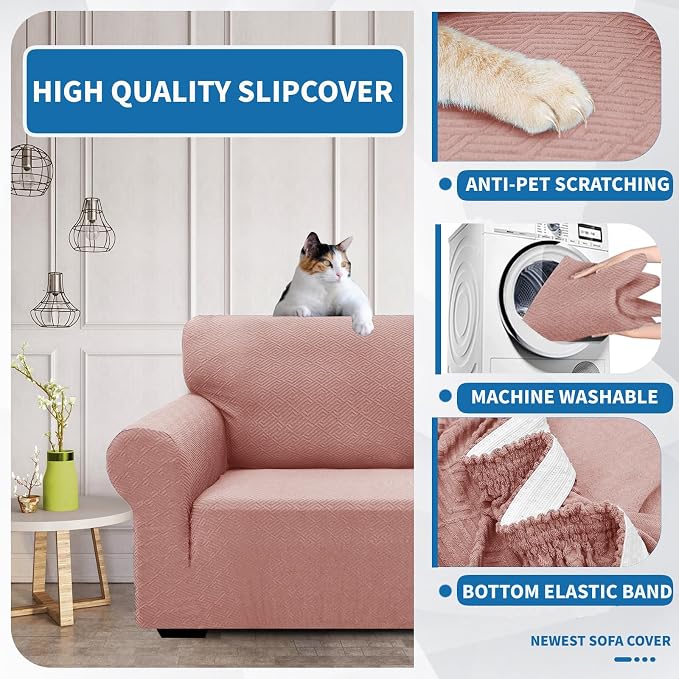 XINEAGE Stretch Jacquard Sofa Cover, Non Slip Sofa Slipcover for Dog | High-Stretch Fabric. Wear-Resistant, Pet Friendly. Easy Install & Washable for Living Rooms, Offices.Dusty Pink - Image 6