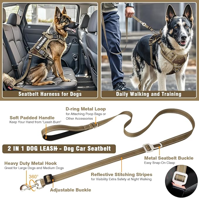 Tactical Dog Harness and Leash Set with 10 Patches for Medium Dogs | Heavy Duty No Pull Service Animal Dog Vest with Dog Seat Belt ,Adjustable Reflective Easy Walk for Training Hiking Camo M - Image 2