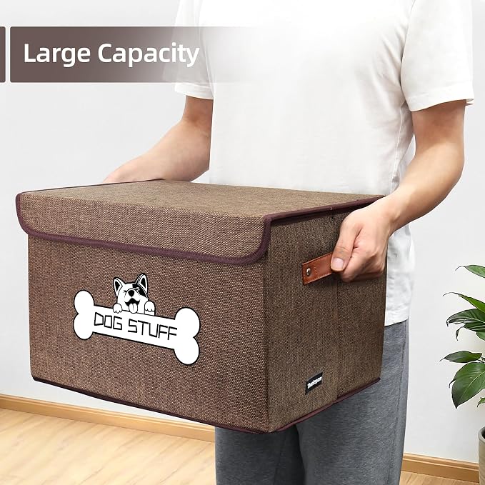 Dog Toy Basket with Lid, Collapsible Box for Pet Accessories | Storage Bin for Living Room, Fabric Container with Handle, Organizer for Small Medium dogs, Coffee - Image 5