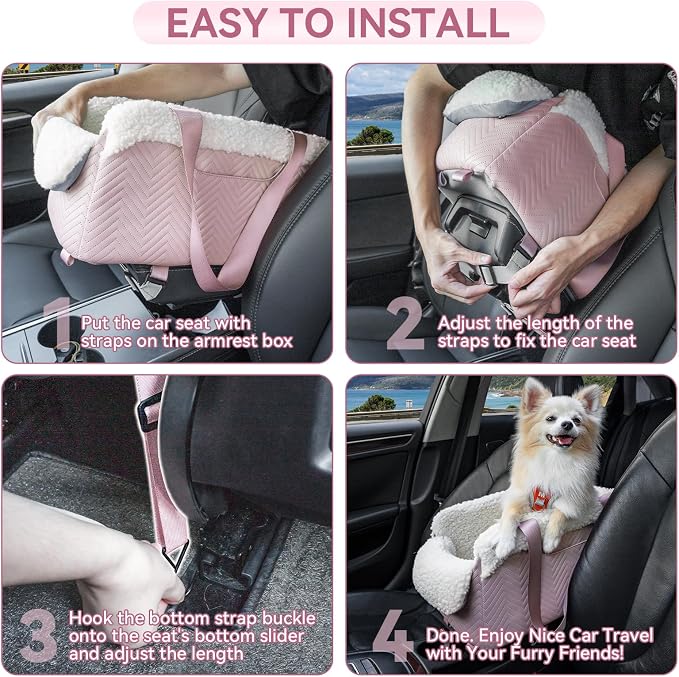 PETSFIT Cat Car Seat, Portable Console Dog Car Seat with Safe Protective Hooks, Luxury Pet Car Seat Includes Safety Leash and Storage Pocket for Pets Up to 9 lbs (Pink) - Image 8