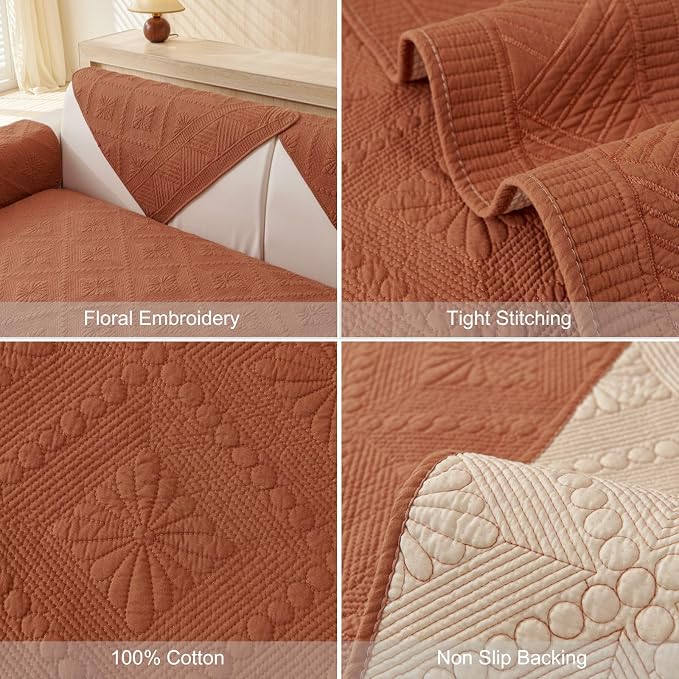vctops Boho Cotton Quilted Sofa Couch Cover Washable Soft Non Slip Sectional Couch Covers Floral Embroidery Sofa Slipcover for Dogs, Children, Pets Furniture Protector (Orange,36"x82") - Image 7
