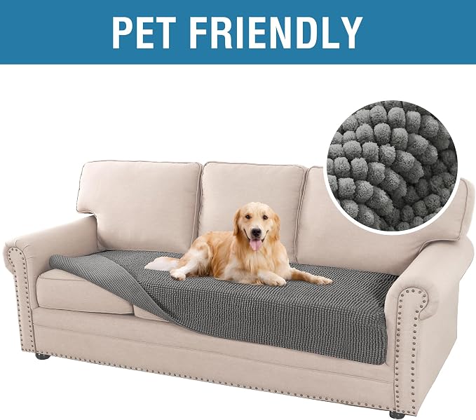 H.VERSAILTEX Plush Chenille Dog Bed Cover Thick Soft Sofa Cover for 3 Cushion Couch Anti Slip Couch Cover Furniture Protector for Dog, Pet, Cat (35" x 82", Grey) - Image 2
