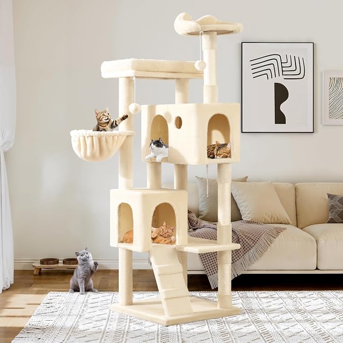 Allewie 64 Inches Multi-Level Cat Tree Tower for Indoor Cats, Beige | Activity Center for Big Felines, 2 Plush Condos, 2 Perches, Cozy Basket, House, Sisal Scratching Posts, Hanging Cat Toys by Allewie