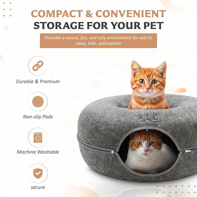 MeowMansion - Indoor Cat Tunnel Bed - Scratch Resistant Peekaboo Cave Donut Shape - Multifunctional Playground, Caves, Toys (Grey) - Image 2