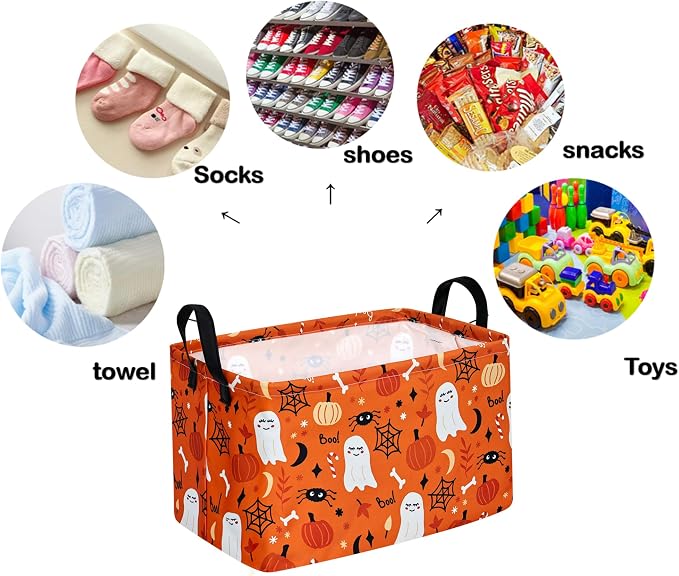 Rectangle Pumpkin Ghost Pattern Gift Storage Basket Home Shelf Storage Basket Organizer Box Clothes Laundry Hamper Nursery Basket Laundry Basket with Handles - Image 7