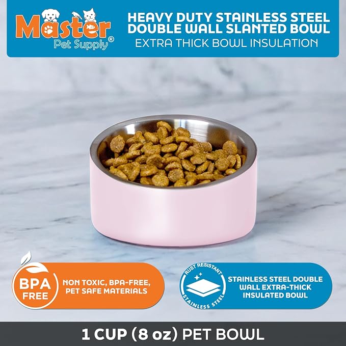 Master Pet Supply Stainless Steel Slanted Dog Cat Food Bowl 8 oz Rose | Heavy Duty Double Wall Insulated Non-Slip Elevated Bowl for French Bulldogs Pugs Cats Anti Rust Dishwasher Safe, Rose Quartz - Image 3